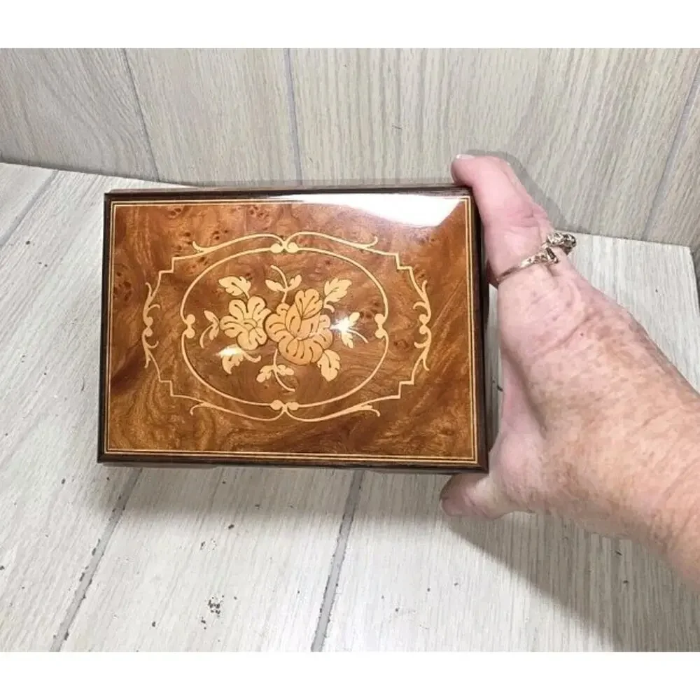 Vtg Floral Inlaid Music Box Romance Swiss Edelweiss R Rogers 6307 Jewelry